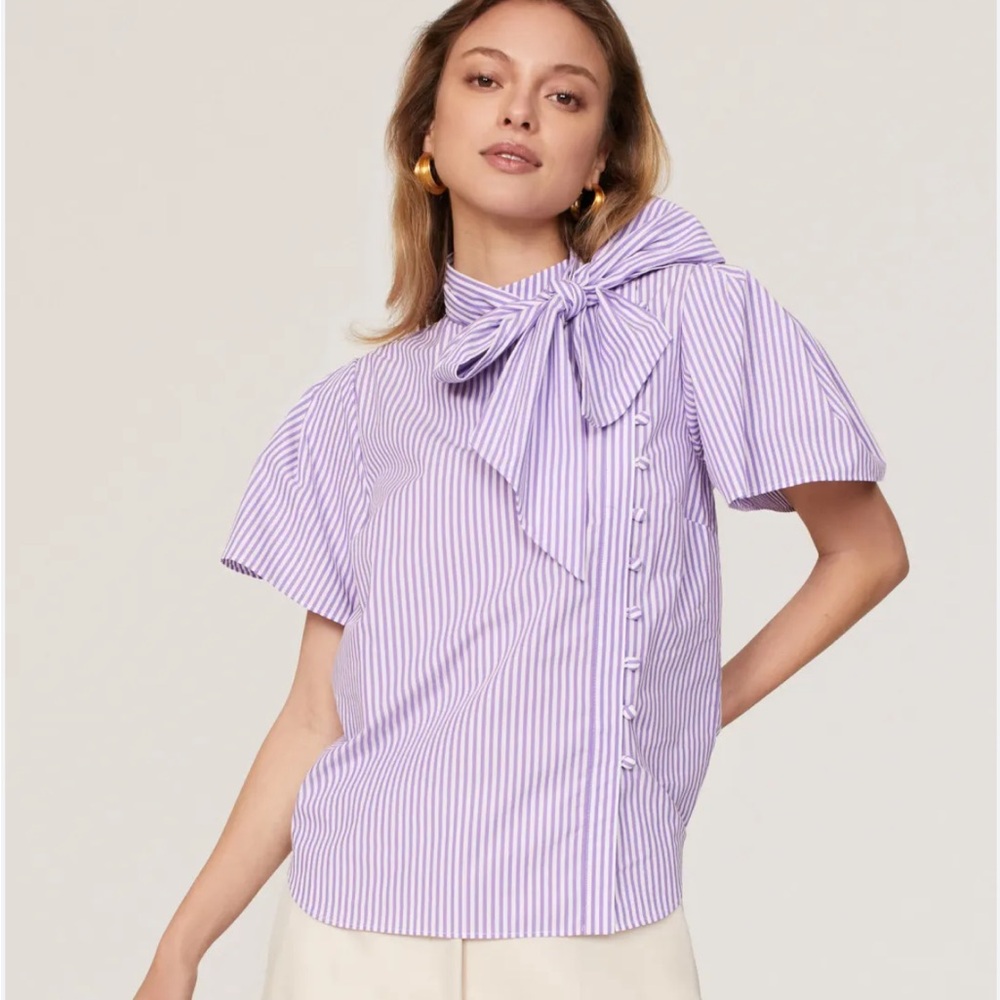 Adam Lippes Lavender Striped Blouse with Bow